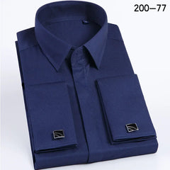 Men French Cufflinks Shirt High Quality Hidden Button Men's Long Sleeve Casual Slim Fit Cuff Dress Shirts (Cufflinks Included)