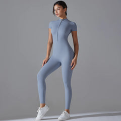 Women's Jumpsuits One-Piece Suit Zipper Short Sleeve Gym Workout Clothes Fitness Bodysuit