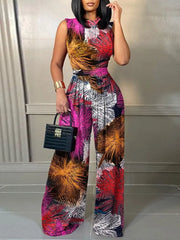 Elegant Women Wide Leg Juumpsuit Summer Fashion Printed Sleeveless Casual Wear
