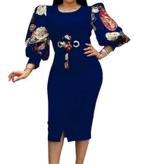 Women Elegant Bodycon Dresses O Neck Three Quater Sleeves High Waist Office Ladies Work Wear Package Hip African Fashion Spring