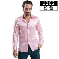 2024 Fashion Shiny Satin British Style Dress Shirt Luxury Ice Silk Long Sleeve Mens Casual Shirt Performance Clothing Wear Male
