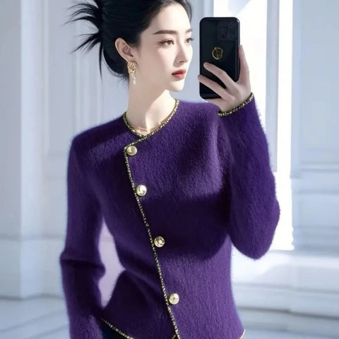 Women Clothing French Elegant Vintage Purple Sweaters Office Lady Fashion Commute Knitted Cardigan Spring Autumn New Knitwear