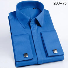 Men French Cufflinks Shirt High Quality Hidden Button Men's Long Sleeve Casual Slim Fit Cuff Dress Shirts (Cufflinks Included)
