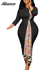 Mlaiscsr Chic Print Patchwork High Waist 3/4 Sleeve Bodycon Midi Dress Women Elegant Office Work Birthday Evening Party Vestidos