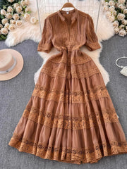 French Elegant Lace Embroidery Prom Midi Dress Women's V Neck Puff Sleeve High Waist Hollow Out Long Summer Sundress Clothing