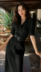 Red Knitted Dress New Autumn Temperament Senior Sense of Waist Long Dress French Skirt Women's Clothing
