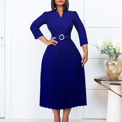 Elegant Pleated V Neck Belt Waisted Mid Calf African Business Wear Dress