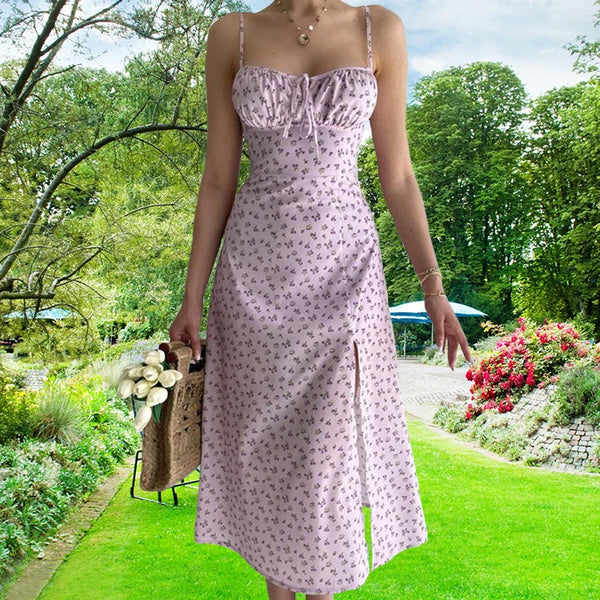 Amazon European and American cross-border women's clothing 2024 summer new casual suspender floral split dress long women's dres