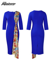 Mlaiscsr Chic Print Patchwork High Waist 3/4 Sleeve Bodycon Midi Dress Women Elegant Office Work Birthday Evening Party Vestidos