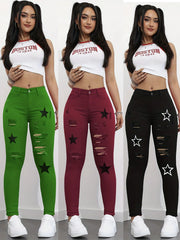 Red Mid-Waist Tight Ripped Printed Stretch Denim Trousers Plain Washed Small Toes Star Applique Elegant Fashion Sexy Classic