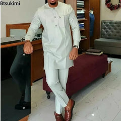 African men Wedding Beaded Long-sleeved Top Pants Set Kaftan Traditional Clothing Ethnic Casual Men's 2Pcs Suit