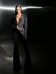 Sparkly Diamonds Design Long Sleeve Wide Leg Jumpsuit Elegant Evening Wear