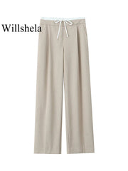 Willshela Fashion Solid Lace Up Side Zipper Straight Pants Vintage Elastic High Waist Chic Trousers