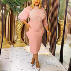 Elegant African Office Dresses Women O Neck Diamond Three Quarter Sleeve Sheath Package Hips Mid Calf Formal Business Work Dress