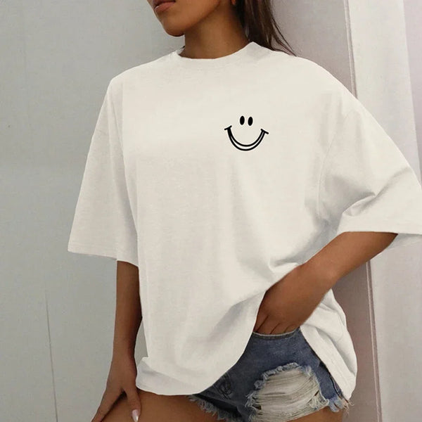 Happy Expression Printed Womens Short Sleeve Street Hip Hop Tee Clothing All-math Breathable Tops Crewneck Woman T-Shirts