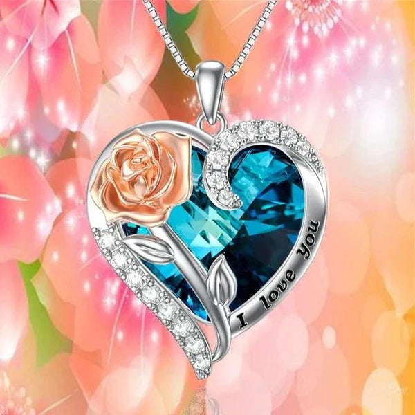 I Love You Heart Flower Rose Pendant Crystal Necklace