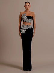 Long Sleeves Bandage 2-Piece Turtleneck Diamonds Flower Top Set Bodycon Skirts Suits
