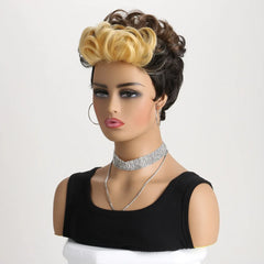 Synthetic Short Pixie Cut with Wavy Bangs Mixed Black Brown 2 Tones Hair Wigs for Women Wavy Hair