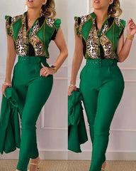 Elegant Short Sleeved Ladies Fashioned V Neck Animal Print 2 PC Pant Set