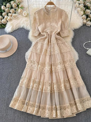 French Elegant Lace Embroidery Prom Midi Dress Women's V Neck Puff Sleeve High Waist Hollow Out Long Summer Sundress Clothing