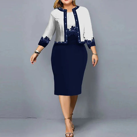 Women 3/4 Sleeve 2 Piece Cardigan set Wrapped Hip Dress Suit New Print Fashion Office Outfits Vestidos