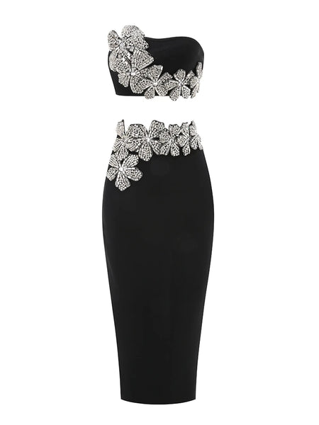 Long Sleeves Bandage 2-Piece Turtleneck Diamonds Flower Top Set Bodycon Skirts Suits