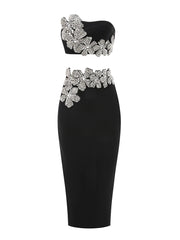 Long Sleeves Bandage 2-Piece Turtleneck Diamonds Flower Top Set Bodycon Skirts Suits