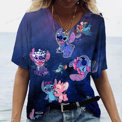Lilo&Stitch Women's T-shirt Fashion V-neck Short sleeved Top Summer Women's Clothing Casual Harajuku T-shirt Street Trend
