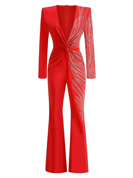 Sparkly Diamonds Design Long Sleeve Wide Leg Jumpsuit Elegant Evening Wear