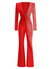 Sparkly Diamonds Design Long Sleeve Wide Leg Jumpsuit Elegant Evening Wear