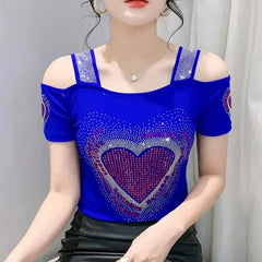 Summer European Clothing T-shirt Female New Short Sleeve Tops Shirt Fashion Butterfly Diamonds Mesh Tees Women Slim T-Shirt