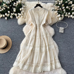 French Elegant Lace Embroidery Prom Midi Dress Women's V Neck Puff Sleeve High Waist Hollow Out Long Summer Sundress Clothing