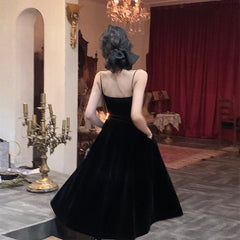 French Black Velvet Spaghetti Strap Midi Dresses for Women Summer Autumn Elegant Party 2-piece A-line Evening Formal Attire Dresses