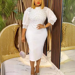 Elegant African Office Dresses Women O Neck Diamond Three Quarter Sleeve Sheath Package Hips Mid Calf Formal Business Work Dress