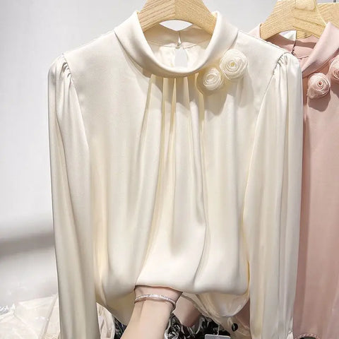 French Style Elegant Folds Shirt Female Clothing Stylish Floral Three-dimensional Decoration Spring Autumn Stand Collar Blouse