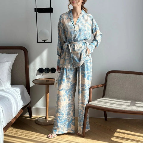 Print Flower 2PCS Pajamas Set Sleepwear French V-Neck Fashion Women's Clothing Loose Satin Wide Leg Pants Pijamas Suit Homewear