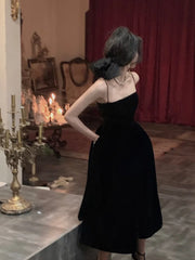 French Black Velvet Spaghetti Strap Midi Dresses for Women Summer Autumn Elegant Party 2-piece A-line Evening Formal Attire Dresses