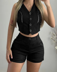 Leisure Fashion Cross Collar Button Zipper Design Shorts set