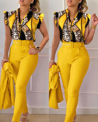 Elegant Short Sleeved Ladies Fashioned V Neck Animal Print 2 PC Pant Set