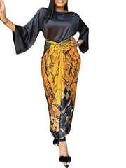 African Printed Two Piece Sets Skirt Womens O-neck Loose Flare Sleeve  Lace-up Skirt 2 Piece Suit Womens