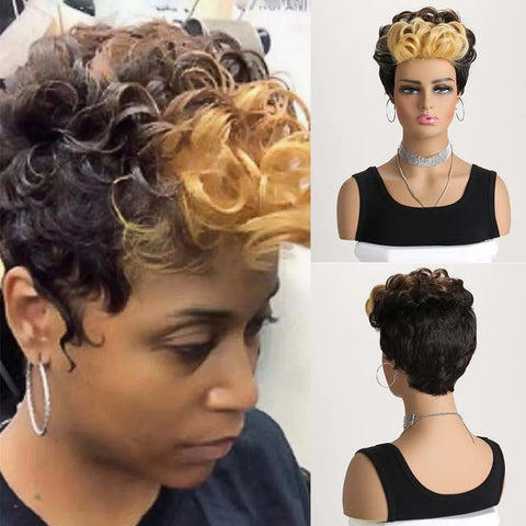 Synthetic Short Pixie Cut with Wavy Bangs Mixed Black Brown 2 Tones Hair Wigs for Women Wavy Hair