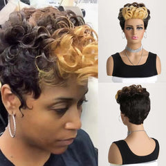 Synthetic Short Pixie Cut with Wavy Bangs Mixed Black Brown 2 Tones Hair Wigs for Women Wavy Hair