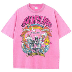 Wonderful Night Skeleton Butterfly Wave Print Womens T-Shirts Fashion Oversized Tops Street Comfortable Clothing Loose Wash Tee