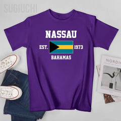 Patriotic Flag Bahamas EST.1973 Nassau Men Tshirt Tees T-Shirt O-neck T Shirts Women Boys Clothing 100% Cotton