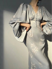 Summer Vintage New Elegant Printing Mermaid Dresses French Chic Long Sleeve V-neck Slim Lady Robe