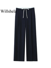 Willshela Fashion Solid Lace Up Side Zipper Straight Pants Vintage Elastic High Waist Chic Trousers
