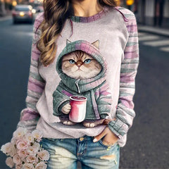Women's round neck hoodie animal cat 3D printed shoulder style autumn and winter European and American T-shirt women's clothing