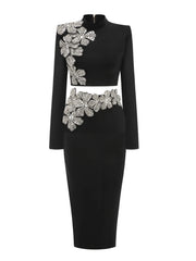 Long Sleeves Bandage 2-Piece Turtleneck Diamonds Flower Top Set Bodycon Skirts Suits