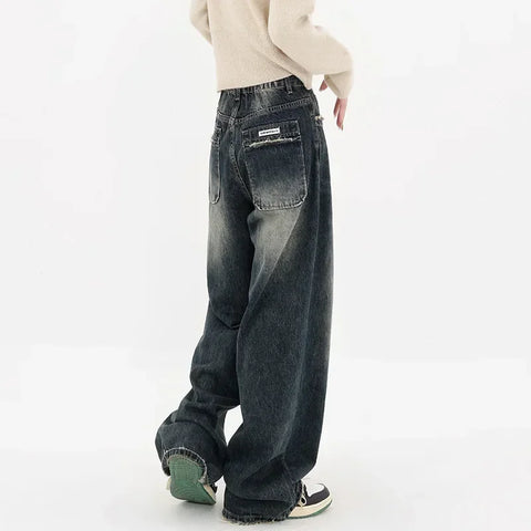 Harajuku Streetwear Retro Fashion Women High Waist Jeans Wide Leg Straight Denim Trousers Y2K Baggy Pants