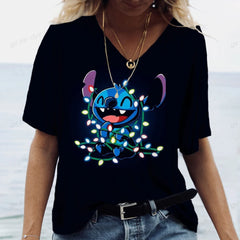 Lilo&Stitch Women's T-shirt Fashion V-neck Short sleeved Top Summer Women's Clothing Casual Harajuku T-shirt Street Trend